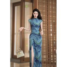 批发原创复古设计网纱温柔新中式<b class='q'>旗袍</b>气质优雅高腰开叉<b class='q'>连衣裙</b>