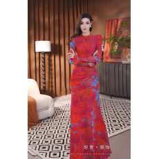 批发原创复古温柔新中式<b class='q'>旗袍</b>高定轻奢网布印花优雅长裙气质<b class='q'>连衣裙</b>