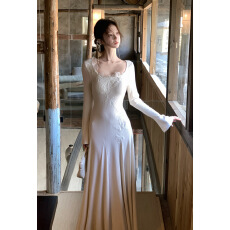 批发十三行好品质 优雅方领喇叭袖<b class='q'>连衣裙</b>立体<b class='q'>绣花</b>插片大摆针织裙