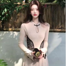 批发蝶来新中式改良<b class='q'>刺绣</b>收腰<b class='q'>连衣裙</b>气质半高领可拆卸披肩