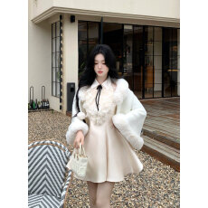 批发十三行 露思<b class='q'>同款</b> 许我耀眼气质重工蕾丝翻领珠光高级<b class='q'>连衣裙</b>长裙