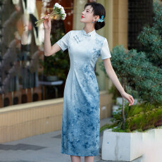 批发十三行温柔淑女气质时尚修身渐变色短袖旗袍端庄复古独特