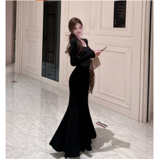 批发修身显瘦气质露锁骨长袖鱼尾<b class='q'>连衣裙</b>性感包臀设计腰部拼接长裙