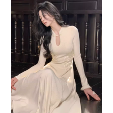 批发蝶来新中式改良刺绣收腰连衣裙气质半高领裙子好看