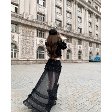 批发<b class='q'>大码</b>法式黑色四芒星微透雪纺衬衫女前短后长半身裙套装