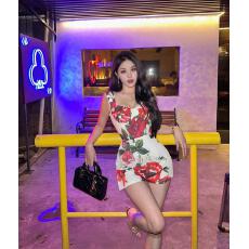 批发吊带<b class='q'>连衣</b>裙套<b class='q'>装</b>气质名媛生日宴会礼服重工印花性感包臀短裙+短裤