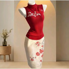 批发十三行微胖mm新中式国风牡丹刺绣背心女印花半裙御姐两件套