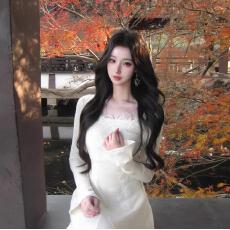 批发十三行好品质 优雅方领<b class='q'>喇叭袖</b><b class='q'>连衣裙</b>立体绣花插片大摆针织裙