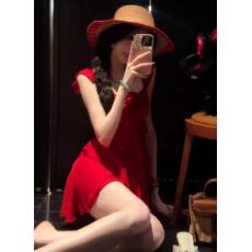 批发热恋贝微微红裙纯欲显白收腰鱼尾玫瑰荷叶边<b class='q'>韩国</b>网纱连衣裙