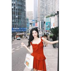 批发热恋贝微微红裙纯欲显白收腰鱼尾玫瑰荷叶边<b class='q'>韩国</b>网纱连衣裙