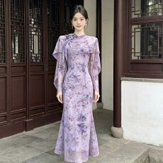 原创温柔纯欲手工花朵网纱印花挖肩鱼尾连衣裙