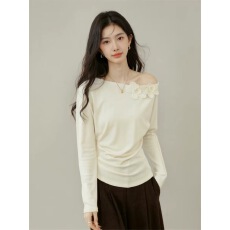 批发法式早春高级感立体<b class='q'>花朵</b>斜肩上衣女春季新款长袖<b class='q'>T</b><b class='q'>恤</b>设计感小众