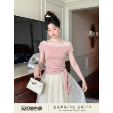批发鹿阿姨卓叔叔『甜桃少女』粉色一字肩蕾丝短袖T恤女夏季收腰上衣
