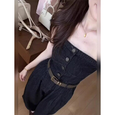 批发2025新款复古黑色时髦辣妹春夏季牛仔裤韩系休闲阔腿裤<b class='q'>抹胸</b><b class='q'>连体裤</b>