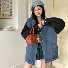 批发高级设计感撞色拼接牛仔夹克春秋潮流宽松<b class='q'>百搭</b>牛仔衣外套ins潮款