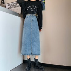 批发牛仔半身<b class='q'>裙子</b>女春秋新款大码胖mm开叉中长款高腰a字显瘦包臀长裙