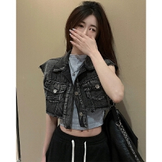 批发短款露脐无袖毛边牛仔马甲女春<b class='q'>夏</b>新款美式复古百搭个性背心马夹潮