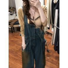 批发2025慵懒风时尚洋气百搭小个子牛仔背带裤女秋季工装<b class='q'>阔</b><b class='q'>腿</b>连体长裤