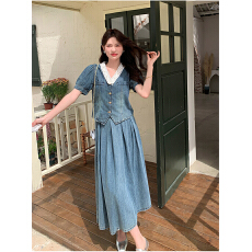 批发短袖牛仔套装裙女<b class='q'>夏</b>2025新款高级感气质绝美遮肚显瘦半身裙两件套