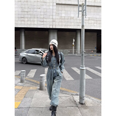 批发韩系工装牛仔<b class='q'>连体裤女</b>春秋新款高级感阔腿裤<b class='q'>一体</b>式收腰显瘦连身裤