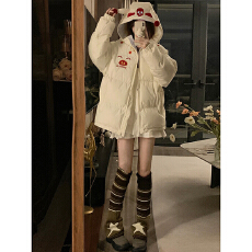 批发有货<b class='q'>韩版</b>时尚小众女2025年冬季米白色加厚美式宽松立领棉服外套