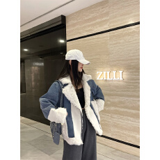 批发美式复古羊羔毛绒拼接<b class='q'>牛仔</b>外套女冬季新款设计感小个子百搭棉服潮