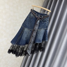 批发美式设计感不规则蕾丝拼接牛仔半身裙女春秋新款高腰显瘦A字裙子