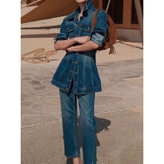 批发美式复古水洗<b class='q'>牛仔</b>套装女秋季新款宽松显瘦<b class='q'>牛仔</b>衣外套八分裤两件套