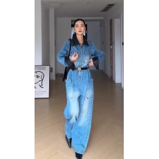 批发春季2025新款女韩版高级感<b class='q'>连身</b>长<b class='q'>裤</b>港风复古polo领工装牛仔连体<b class='q'>裤</b>