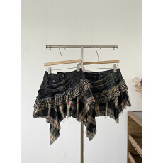 批发复古拼接格子荷叶边不规则<b class='q'>牛仔</b>半身裙女2025秋冬百搭高腰包臀短裙