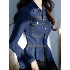 批发韩系复古牛仔衬衫女秋季新款高级感气质修身显瘦喇叭袖开衫上衣潮