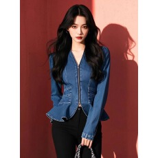 批发轻奢高级感拉链牛仔衬衣女<b class='q'>春</b>秋2025新款拉链修身收腰显瘦衬衫上衣