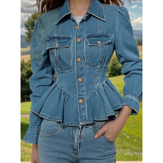 批发韩系牛仔衬衫女2025<b class='q'>春</b>秋季新款收腰轻奢高级感衬衣独特荷叶边上衣