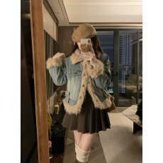 批发美式复古休闲风短<b class='q'>外套</b>女冬季2025新款设计感毛毛拼接百搭<b class='q'>牛仔</b><b class='q'>外套</b>