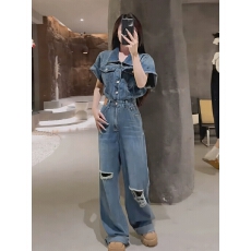 批发美式复古气质炸街短袖牛仔<b class='q'>连体</b><b class='q'>裤</b>女夏季新款别致破洞直筒<b class='q'>连身</b>长<b class='q'>裤</b>