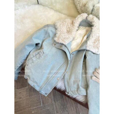 批发韩系设计感羊羔毛翻领<b class='q'>牛仔</b><b class='q'>外套女</b>小个子短款加绒保暖棉服