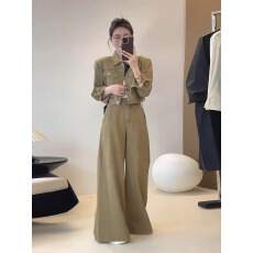 批发韩版卡其色<b class='q'>牛仔</b>时尚套装女春季新款长袖短款外套显瘦阔腿裤两件套
