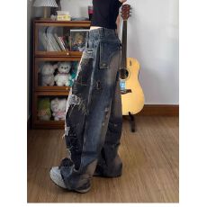 批发美式复古做旧水洗侵蚀破坏<b class='q'>牛仔裤</b>子辣妹拼接撞色弯刀长裤