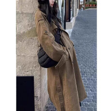 批发韩版复古风中长款风衣女冬季宽松V领长袖气质休闲<b class='q'>外套</b>高级感大衣