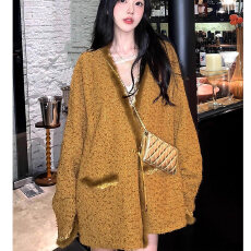 批发法式小香风气质毛呢外套女中长款宽松千金风保暖冬日复古黄色大衣