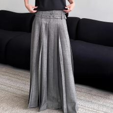批发美式复古灰色高级感百褶<b class='q'>长裙女</b>春秋时尚设计感压褶A字半身裙减龄