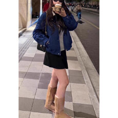 批发韩系复古小众菱格纹棉服女秋冬季蓝色直筒宽松保暖外套<b class='q'>上衣</b>两件套