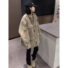 批发工装风百搭宽松中长款立领减龄外套新款时尚休闲多口袋上衣短外套