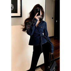 批发2026年长袖休闲风高级感系带收腰翻领牛仔衬衫百搭时尚修身短外套