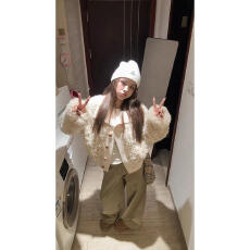 批发韩版保暖小个子羊羔毛外套女冬季加厚棉服慵懒风针织拼接毛毛上衣