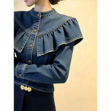 批发复古牛仔荷叶边长袖上衣女2026年蓝色设计感减龄气质短款<b class='q'>衬衫</b>外套