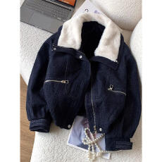 批发韩版<b class='q'>皮毛</b><b class='q'>一体</b>短款棉服外套女冬季加厚小个子羊羔毛领牛仔短外套潮