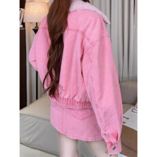 批发2026休闲翻领长袖女粉色加绒加厚牛仔可拆卸毛毛外套<b class='q'>高腰</b><b class='q'>裙</b>裤套装