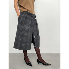 批发2026年春季个性<b class='q'>时尚</b>复古高腰系带灰色格纹前开叉直筒毛呢半身裙女