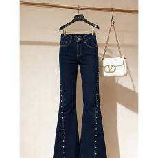 批发2026年时尚百搭深蓝色宽松<b class='q'>钉珠</b><b class='q'>牛仔裤</b>女高级感修身鱼尾女喇叭裤子